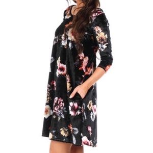 Black Floral Cross-Back Velvet Shift Dress